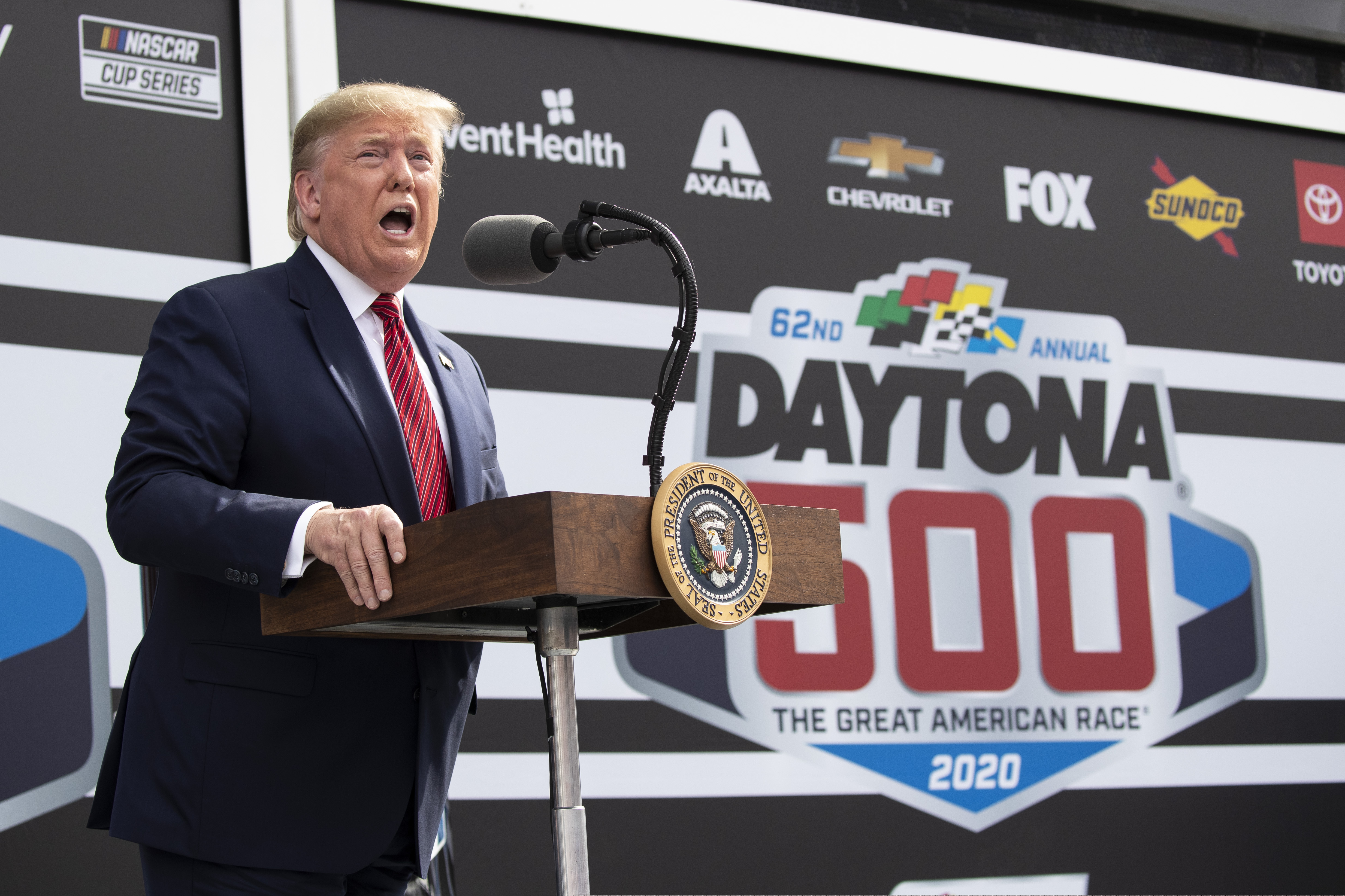 (Alex Brandon | AP file photo)
In this Feb. 16 photo, President Donald Trump speaks before the start of the NASCAR Daytona 500 auto race at Daytona International Speedway, Daytona Beach, Fla. NASCAR’s layered relationship with Trump took a sharp turn Monday, when Trump blasted the series for banning the Confederate flag and wrongly accused the sport’s only full-time Black driver of perpetrating “a hoax” when a crew member found a noose in the team garage stall.