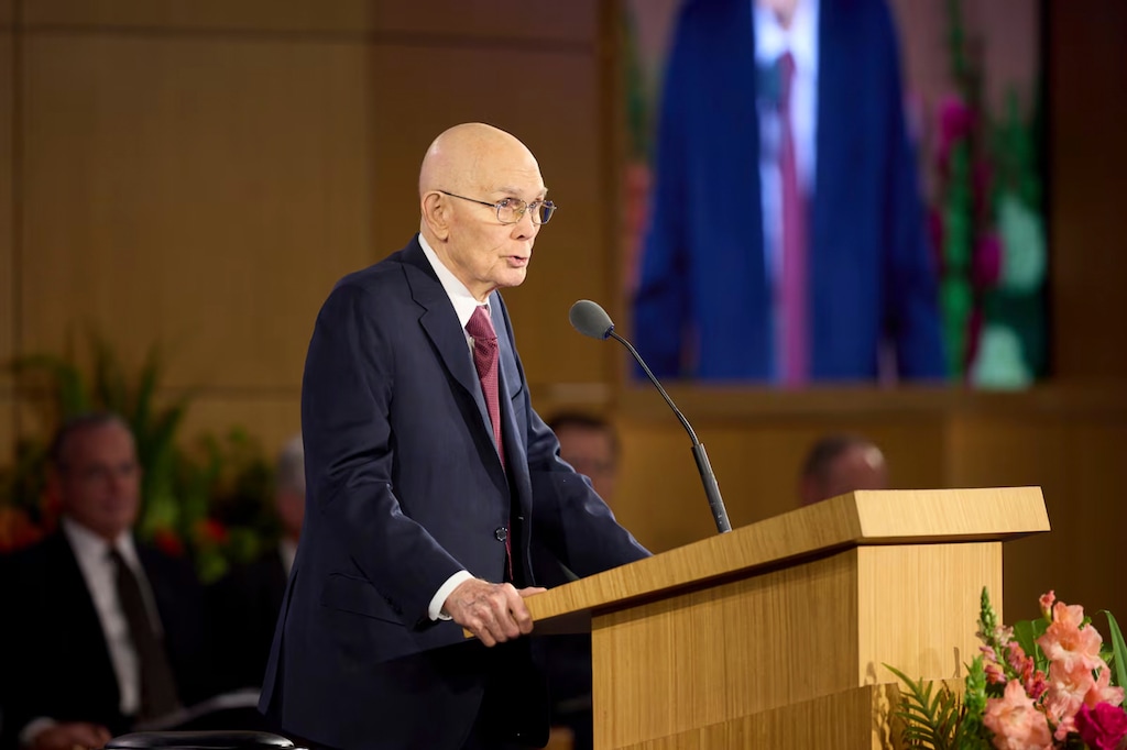 (The Church of Jesus Christ of Latter-day Saints) President Dallin H. Oaks speaks Saturday, June 20, 2026, at a seminar for new mission leaders at the Provo Missionary Training Center.