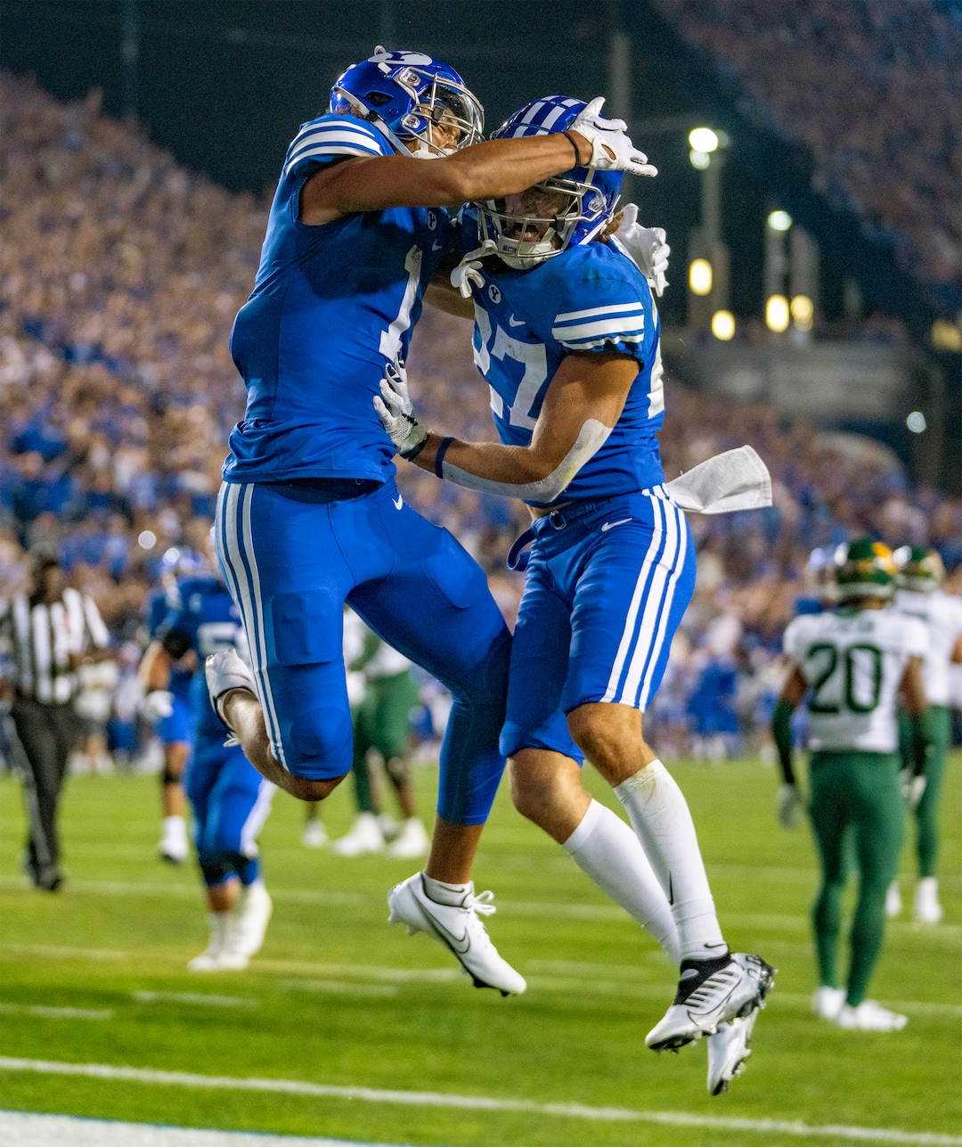 (Rick Egan | The Salt Lake Tribune)  Brigham Young Cougars wide receiver Keanu Hill (1) celebrates after Brigham Young wide receiver Chase Roberts (27) scores a touchdown for the Cougars, in football action between the Brigham Young Cougars and the Baylor Bears at LaVell Edwards Stadium in Provo, on Saturday, Sept. 10, 2022.