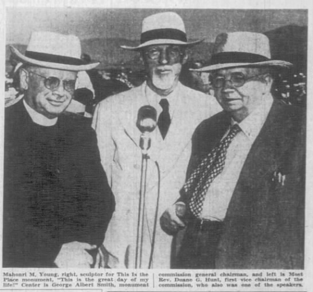 This Salt Lake Tribune photo shows Catholic Bishop Duane G. Hunt, left, with President George Albert Smith, leader of The Church of Jesus Christ of Latter-day Saints, center, and Mahonri Young, monument sculptor, at the July 1947 dedication of the statute at what is now This Is the Place Heritage Park.