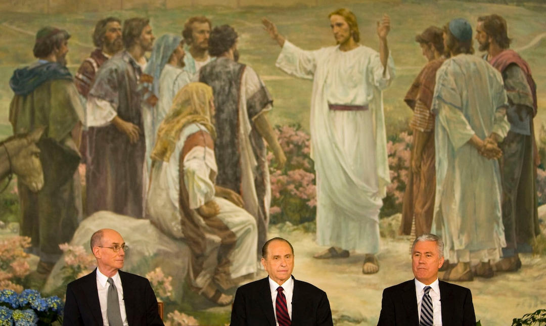 (Steve Griffin  |  The Salt Lake Tribune) President Thomas S. Monson (center) is flanked by Henry B. Eyring (left) and Dieter F. Uchtdorf (right) after Monson was named 16th president of the LDS Church on Feb. 4, 2008.