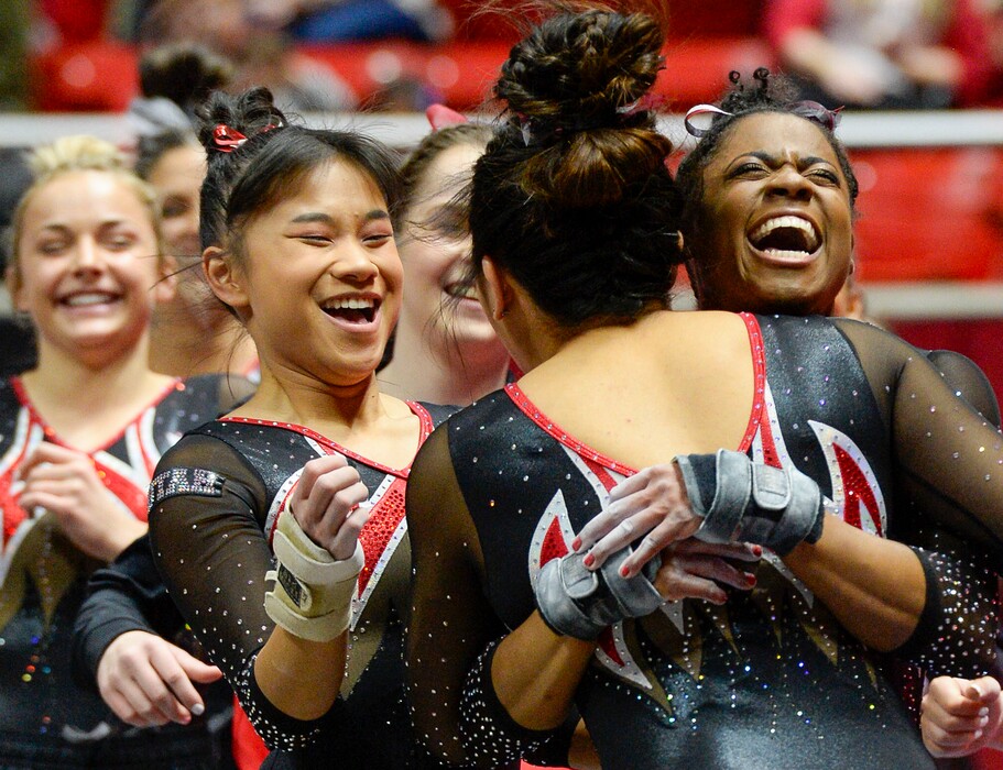 (Leah Hogsten  |  The Salt Lake Tribune) Cammy Hall is congratulated after her vault routine as the University of Utah fifth-ranked gymnastics team hosts No. 12 University of Kentucky during its home opener, Jan. 3, 2020, at the Huntsman Center.