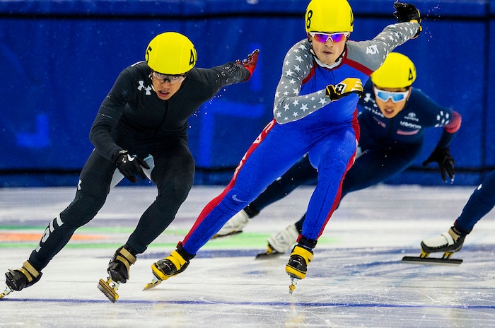 (Chris Detrick  |  The Salt Lake Tribune) J.R. Celski (405) and John-Henry Krueger (418) compete in the US Short Track Fall World Cup Qualifier at the Utah Olympic Oval Saturday, August 19, 2017. 