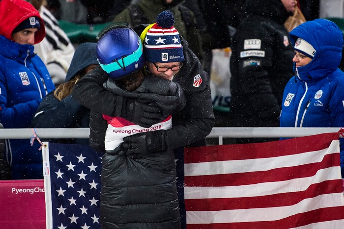 (Chris Detrick  |  The Salt Lake Tribune)  USA's Sarah Hendrickson hugs her step-father Brian Hanson after competing in the Ladies' Normal Hill Individual at the Alpensia Ski Jumping during the Pyeongchang 2018 Winter Olympics Monday, February 12, 2018.  Hendrickson finished in 19th place with a total of 160.6.