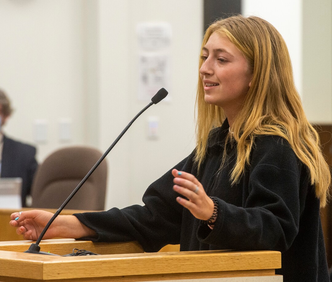 (Rick Egan  |  The Salt Lake Tribune)   Riverton High student Dylan Gorringe, speaks during the public comment period, during the Jordan School Board meeting about the 17 Covid-19 cases at Riverton High School, on Wednesday, Sept. 16, 2020.