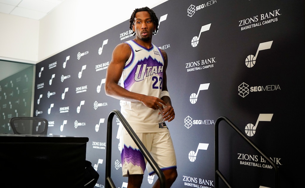 (Chris Samuels | The Salt Lake Tribune) Utah Jazz guard Darryn Peterson speaks during media day in Salt Lake City, Monday, Sept. 28, 2026.
