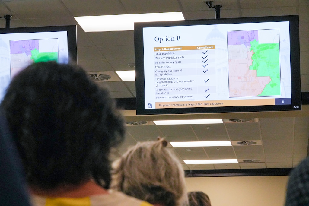 (Chris Samuels | The Salt Lake Tribune) Proposed Congressional district maps are shown during a meeting of the Legislative Redistricting Committee at the Capitol in Salt Lake City, Wednesday, Sept. 24, 2025.