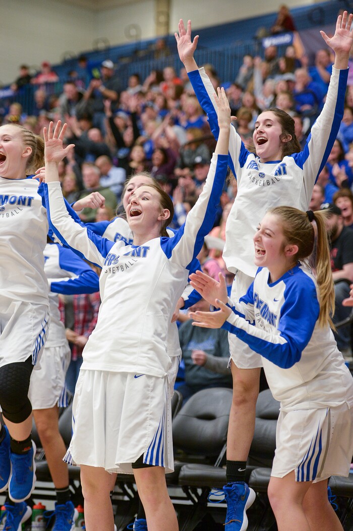 (Leah Hogsten  |  The Salt Lake Tribune) Fremont celebrates play in the second half. Fremont defeated Bingham 61-47 to win the 6A High School Girls' Basketball Tournament title at SLCC in Taylorsville,Saturday, Feb. 24, 2018. 