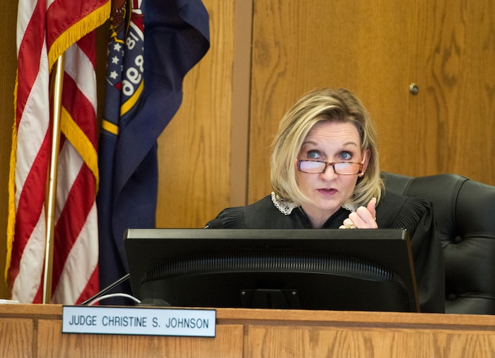 (Rick Egan  |  The Salt Lake Tribune)       Judge Christine S. Johnson, listens to proceedings as Jerrod Baum appears for a hearing in front of in the 4th District Court, in Provo, Thursday, April 26, 2018.  Baum is accused of killing 18-year-old Riley Powell and 17-year-old Brelynne “Breezy” Otteson in December and dumping their bodies into an abandoned mine shaft.



