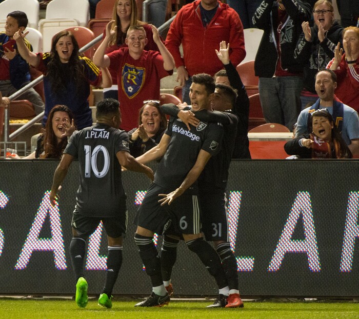 (Rick Egan  |  The Salt Lake Tribune)   Real Salt Lake forward Joao Plata (10) and Real Salt Lake midfielder Pablo Ruiz (31)celebrate after Real Salt Lake midfielder Damir Kreilach (6) scored a goal, in MLS soccer action, between Real Salt Lake and Colorado Rapids,  at Rio Tinto Stadium, Saturday, April 21, 2018.


