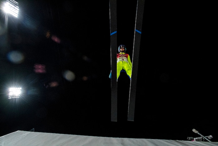 (Chris Detrick  |  The Salt Lake Tribune)  USA's Sarah Hendrickson competes in the Ladies' Normal Hill Individual at the Alpensia Ski Jumping during the Pyeongchang 2018 Winter Olympics Monday, February 12, 2018.  Hendrickson finished in 19th place with a total of 160.6.