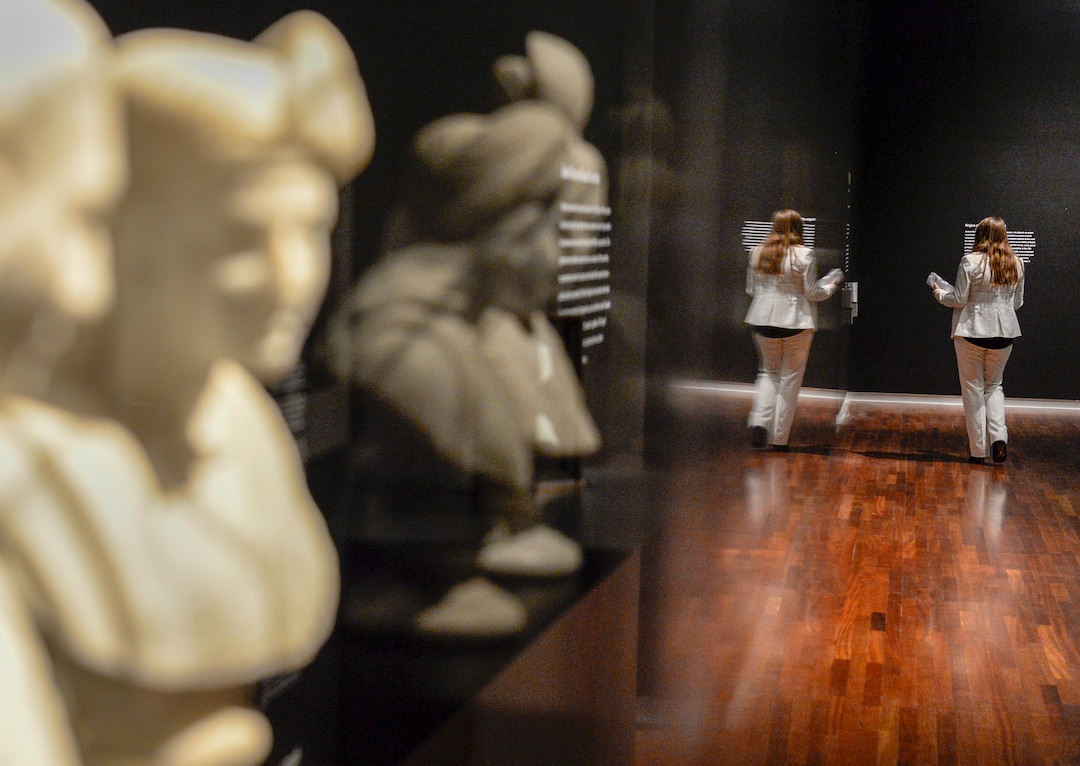 (Leah Hogsten  |  The Salt Lake Tribune) Utah Museum of Fine Art curator of European, American, and regional art Leslie Anderson conceived and planned the new exhibit: "Power Couples: The Pendant Format in Art," open now through December 8, 2019. ÒPower Couples explores how artists have used the pendant format across media, cultures and time periods to explore gender roles and social status; to present moments of before-and-after, cause-and-effect and departure-and-return; and to compare and contrast familiar stories and ideas.Ó -UMFA