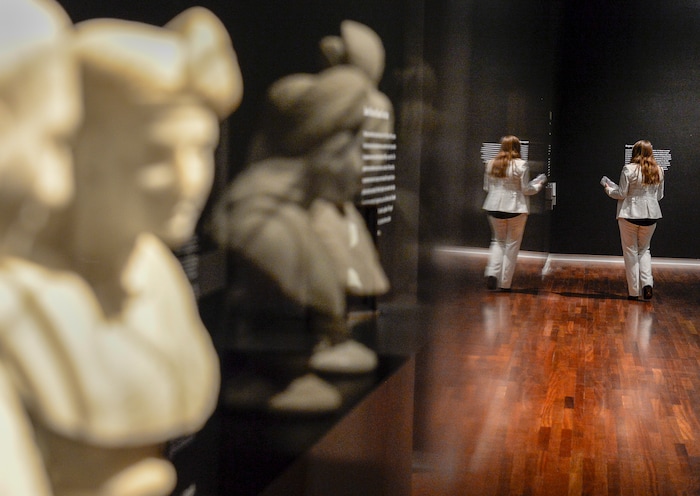 (Leah Hogsten  |  The Salt Lake Tribune) Utah Museum of Fine Art curator of European, American, and regional art Leslie Anderson conceived and planned the new exhibit: "Power Couples: The Pendant Format in Art," open now through December 8, 2019. ÒPower Couples explores how artists have used the pendant format across media, cultures and time periods to explore gender roles and social status; to present moments of before-and-after, cause-and-effect and departure-and-return; and to compare and contrast familiar stories and ideas.Ó -UMFA