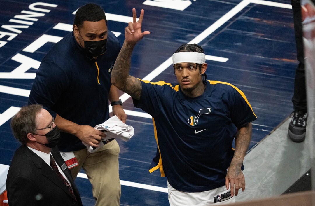 (Francisco Kjolseth | The Salt Lake Tribune) Utah Jazz guard Jordan Clarkson (00) knowledges the fans following a game between the Utah Jazz and the San Antonio Spurs at Vivint Smart Home Arena, on Wednesday, May 5, 2021.