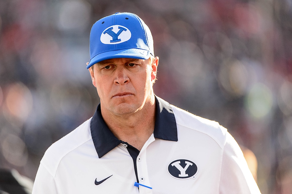 Trent Nelson  |  The Salt Lake TribuneBYU coach Bronco Mendenhall walks off the field at halftime, as Utah faces BYU in the Royal Purple Las Vegas Bowl, NCAA football at Sam Boyd Stadium in Las Vegas, Saturday December 19, 2015.