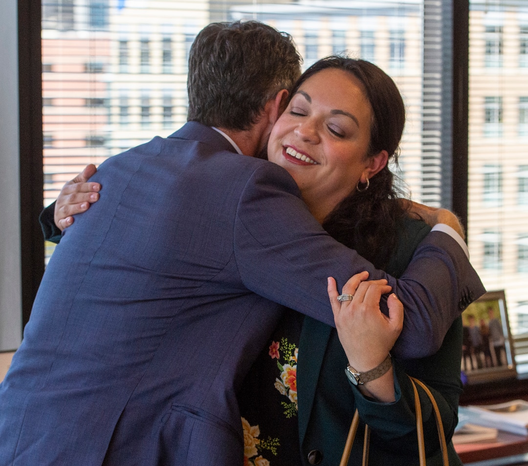 (Rick Egan  |  The Salt Lake Tribune)    Derek Miller, the president and CEO of the Salt Lake Chamber and Downtown Alliance hugs Salt Lake City Mayoral candidate, Luz Escamilla after interviewing her for his podcast, Monday, Sept. 30, 2019.
