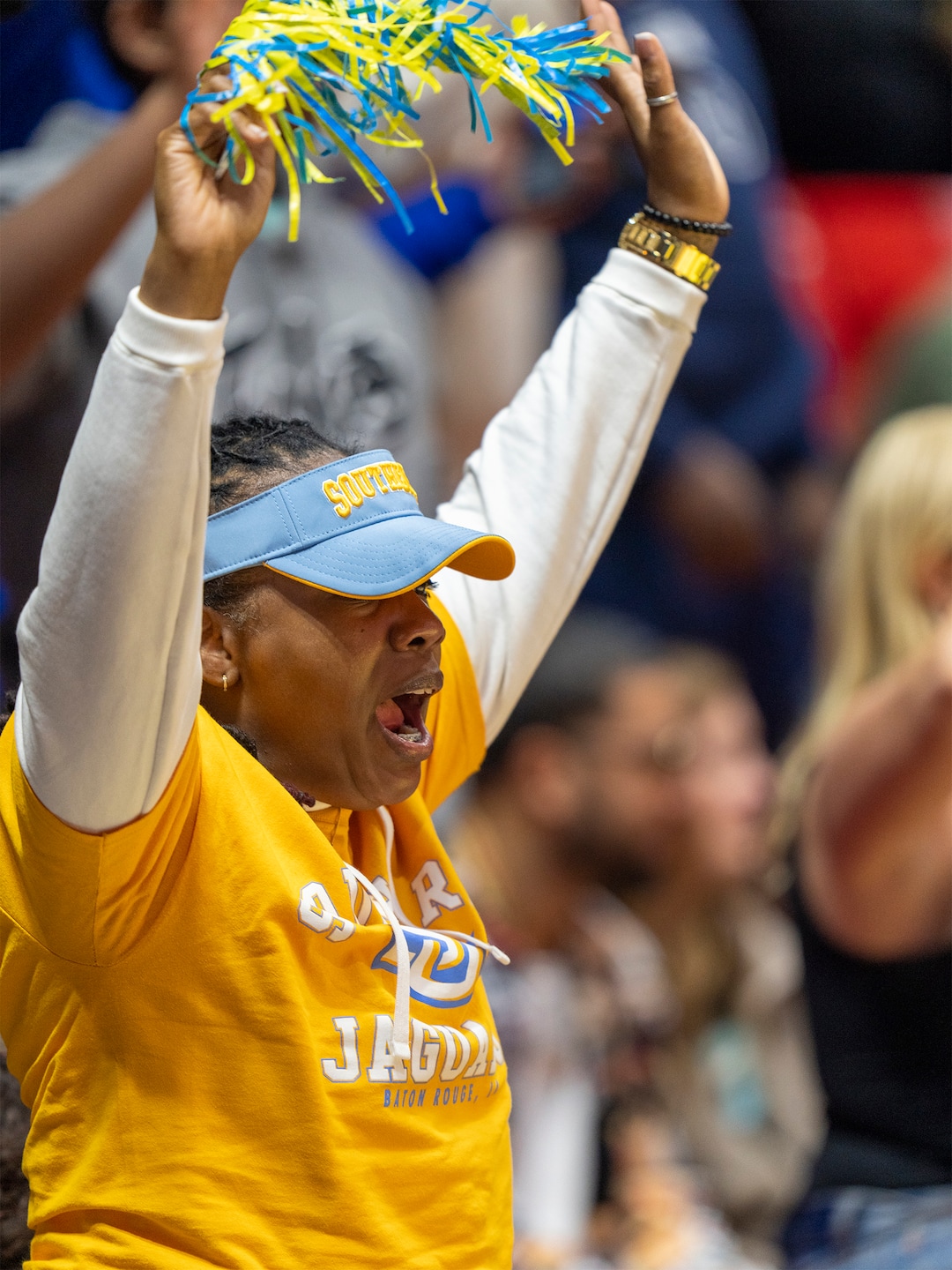 (Rick Egan | The Salt Lake Tribune) A Southern University fan cheers during the HBCU game at the Jon M. Huntsman Center, on Saturday, Feb. 18, 2023.