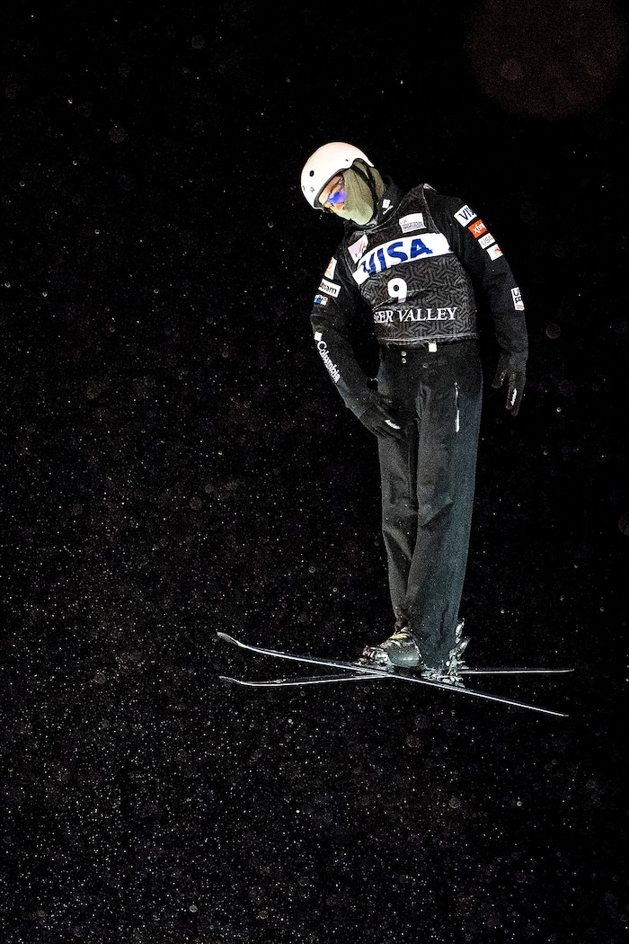 (Chris Detrick  |  The Salt Lake Tribune)  USA's Mac Bohonnon (9) competes in the Men's Aerial Finals during the FIS Visa Freestyle International Ski World Cup at Deer Valley Resort Friday, January 12, 2018.  Bohonnon finished in ninth place with a score of 97.35. 