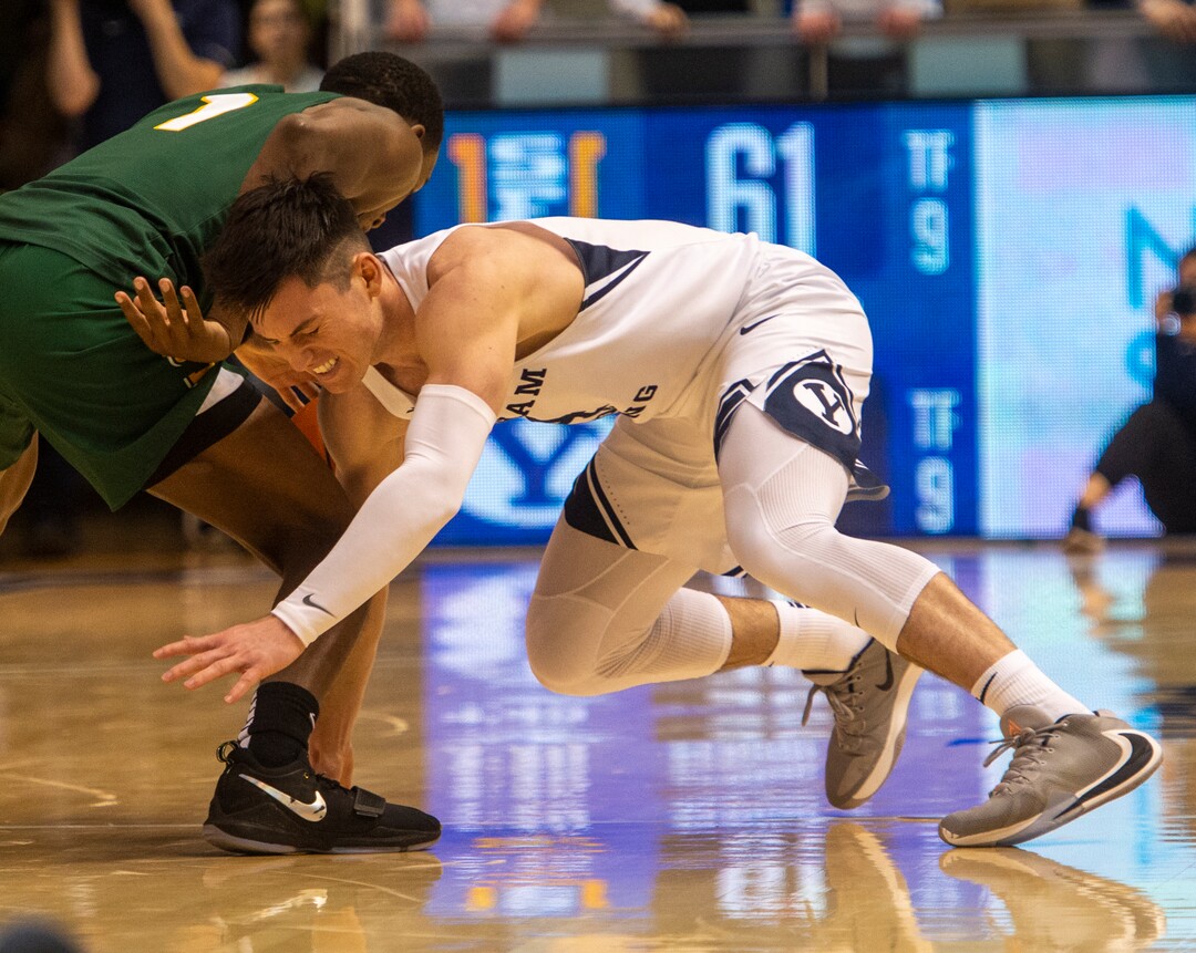 (Rick Egan  |  The Salt Lake Tribune)    Brigham Young Cougars guard Alex Barcello (4) goes for a loose ball along with San Francisco Dons guard Jamaree Bouyea (1), in WCC basketball acton between the Brigham Young Cougars and the San Francisco Dons, at the Marriott Center, Saturday, Feb. 8, 2020.