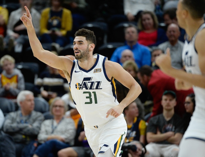 (Francisco Kjolseth  |  The Salt Lake Tribune)  Utah Jazz forward Georges Niang (31) celebrates a basket as the Utah Jazz host the Oklahoma City Thunder in their NBA basketball game at Vivint Smart Home Arena in Salt Lake City on Mon. Dec. 9, 2019.