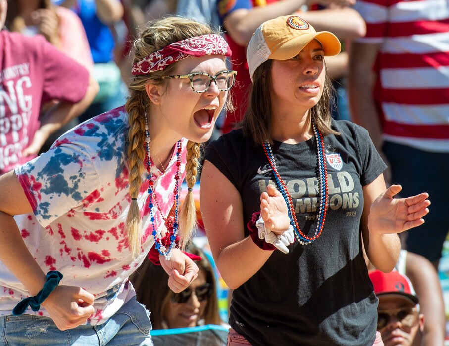 (Rick Egan  |  The Salt Lake Tribune)   Hailey Richards, and Dianelle Gehring cheer as the US women's team scores a goal against the Netherlands in the World Cup final, during a watch party at the Gallivan Center in Salt Lake, Sunday, July 7, 2019.