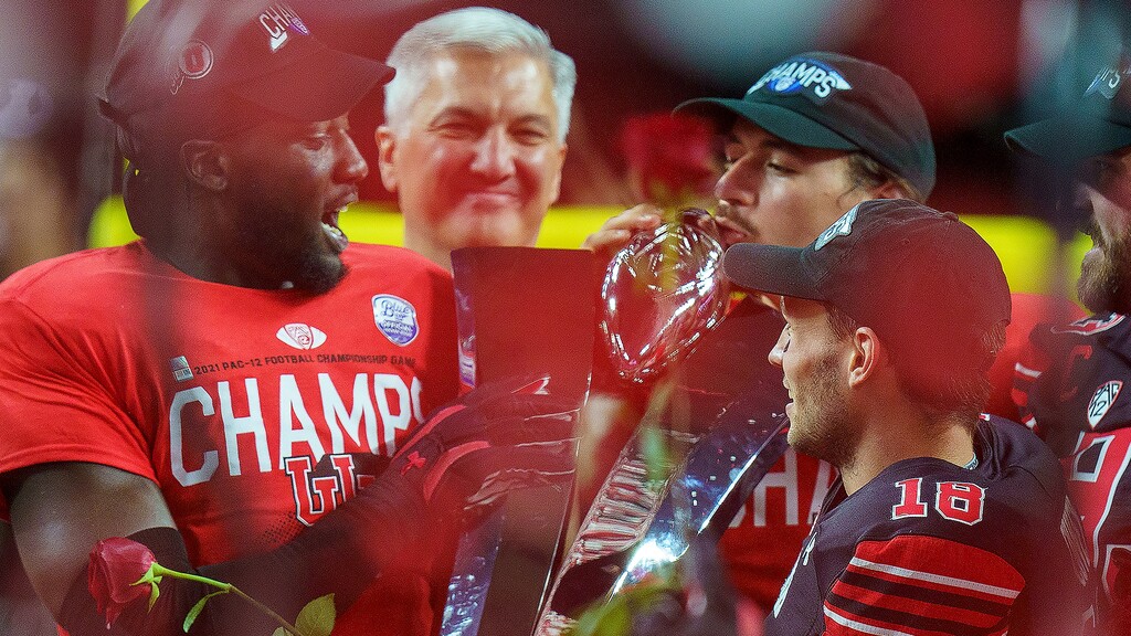 (Leah Hogsten | The Salt Lake Tribune) Utah Utes linebacker Devin Lloyd (0), Utah Utes wide receiver Britain Covey (18) and Utah Utes quarterback Cameron Rising (7) celebrate the win. The Utes defeated the Oregon Ducks to win the 2021 Pac12 Football Championship title at Allegiant Stadium in Las Vegas, Dec 3, 2021.