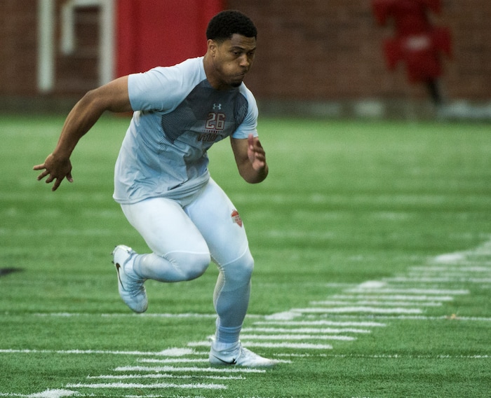 (Rick Egan  |  The Salt Lake Tribune)       Jordan Howard, runs the agility drills, during University of Utah's 2018 Pro Day for NFL scouts, at Spence Eccles Field House, Wednesday, March 28, 2018.