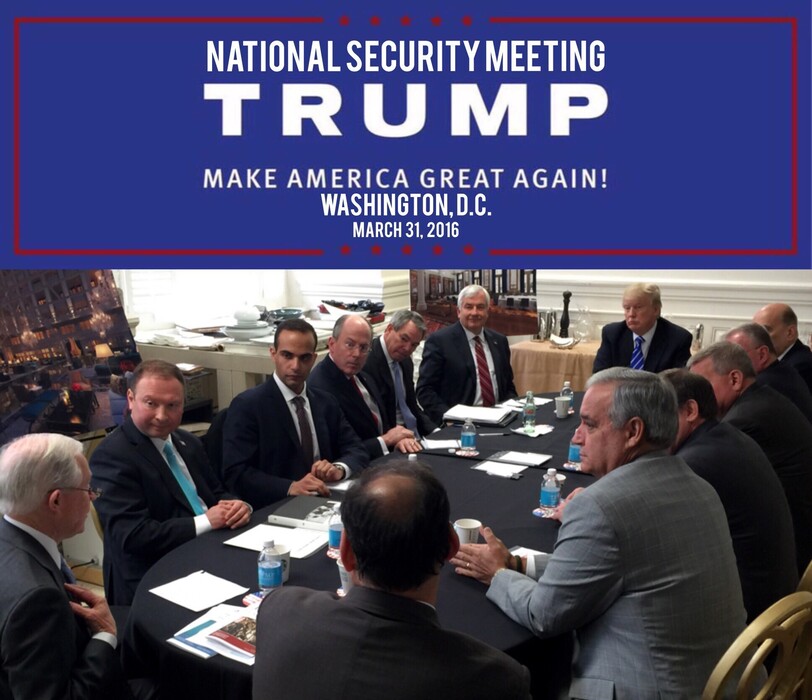 In this photo from President Donald Trump's Twitter account, George Papadopoulos, third from left, sits at a table with then-candidate Trump and others at what is labeled at a national security meeting in Washington that was posted on March 31, 2016. Papadopoulos, a former Trump campaign aide belittled by the White House as a low-level volunteer was thrust on Oct. 30, 2017, to the center of special counsel Robert Mueller’s investigation, providing evidence in the first criminal case that connects Trump’s team and intermediaries for Russia seeking to interfere in the campaign. (Donald Trump's Twitter account via AP)