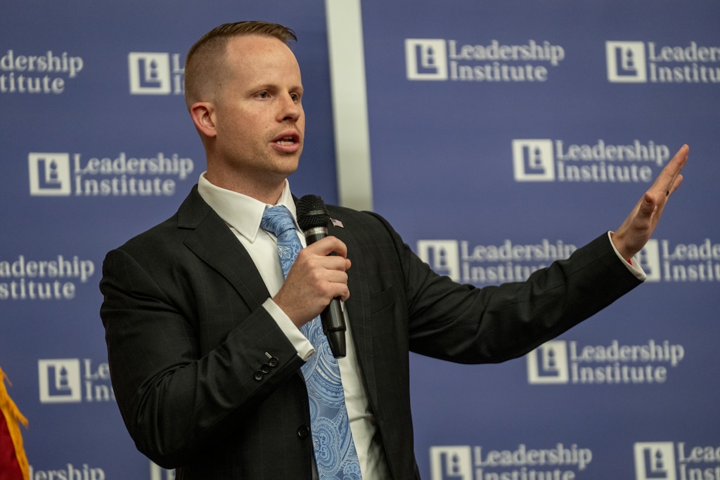 (Rick Egan | The Salt Lake Tribune) Rep. Trevor Lee, R-Layton, says a few words at a Learning Event sponsored by The Utah Republicans at the University of Utah, on Friday, April 10, 2026.