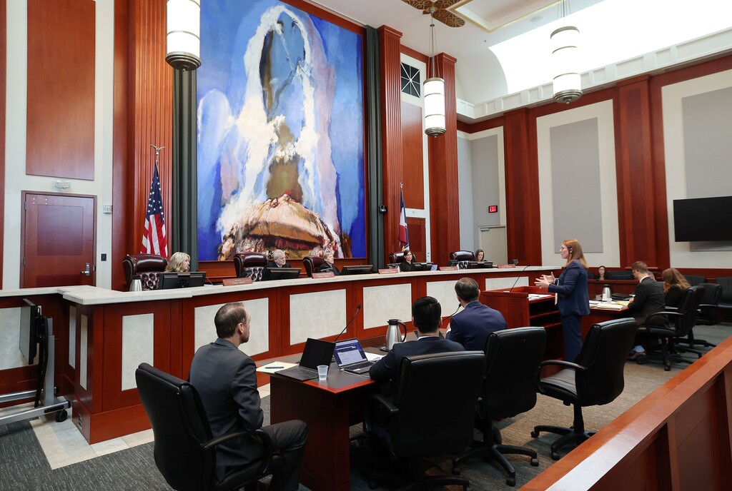 (Jeffrey D. Allred | Pool) Attorney Taylor Meehan speaks to the court as Mormon Women for Ethical Government and the League of Women Voters oppose the Utah State Legislature during oral arguments at the Utah Supreme Court in Salt Lake City on Wednesday, Sept. 25, 2024.