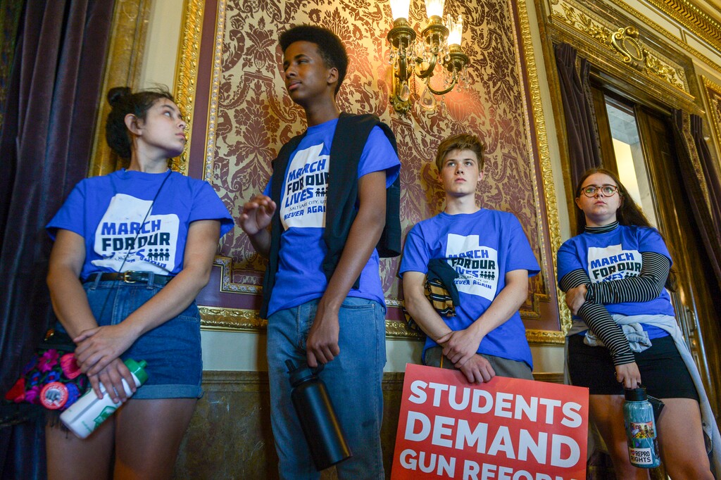 Leah Hogsten | The Salt Lake Tribune l-r Brighton graduate Marcela Morales, Copper Hills senior Daud Mumin, Highland senior Chase Harward and Brighton graduate Olivia Fletcher listen as the Utah Safe Schools Commission gives recommendations for improving campus safety, Wednesday, June 20, 2018, at the Utah Capitol.