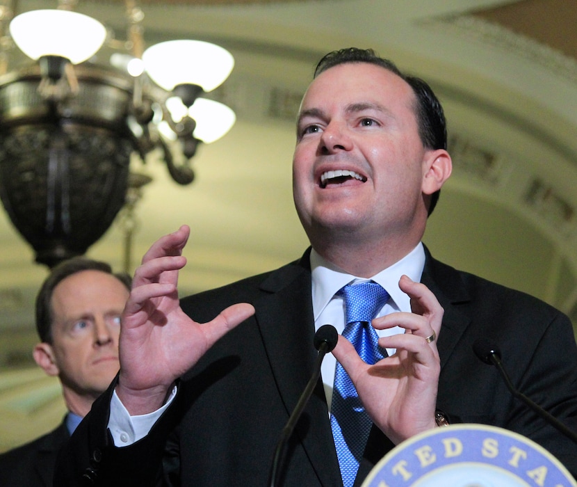 Sen. Mike Lee, R-Utah speaks to reporters about balancing the budget, Wednesday, June 29, 2011, on Capitol Hill in Washington. (AP Photo/Manuel Balce Ceneta)