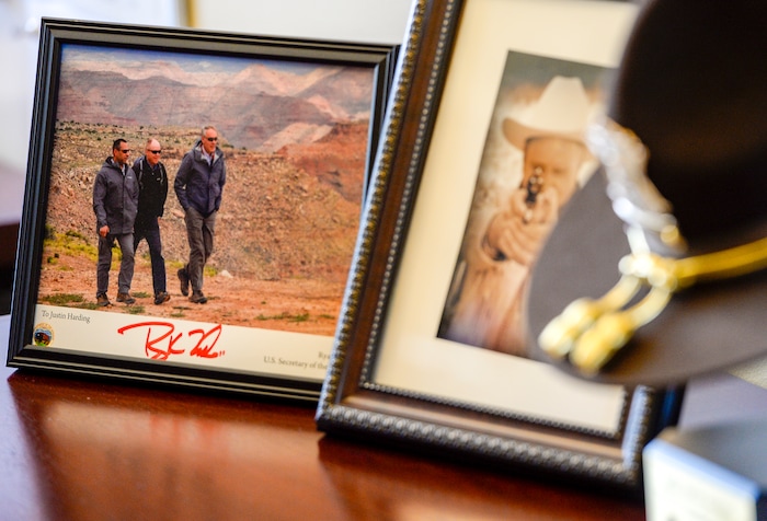 Leah Hogsten | The Salt Lake Tribune A photograph with Interior Secretary Ryan Zinke at Bears Ears National Monument in May 2017 is one of Justin Harding's favorite photographs on display in his office at the Utah Capitol as chief of staff to Utah Gov. Gary Herbert, July 16, 2018. Harding manages the governorÕs executive office and staff, coordinates the governorÕs cabinet and stands as proxy for Gov. Herbert in formal government business.