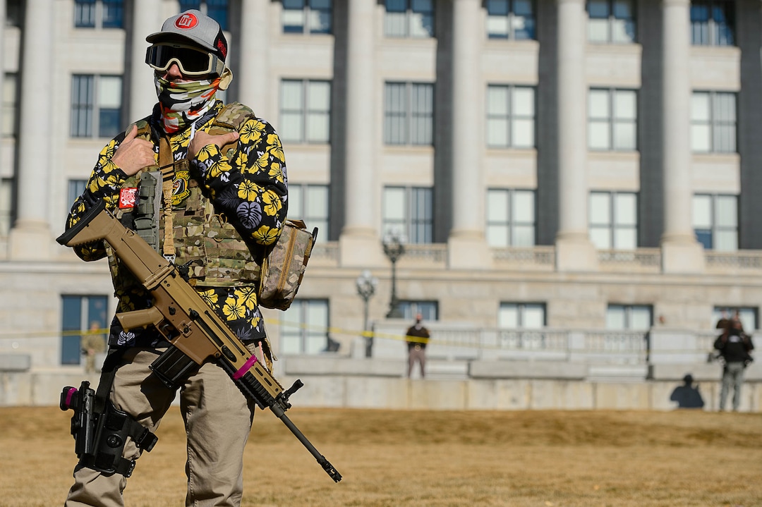 (Trent Nelson  |  The Salt Lake Tribune) A member of the Bois of Liberty at the state Capitol in Salt Lake City on Sunday, Jan. 17, 2021.