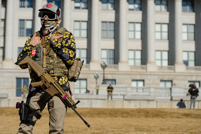 (Trent Nelson | The Salt Lake Tribune) A member of the Bois of Liberty at the state Capitol in Salt Lake City on Sunday, Jan. 17, 2021.