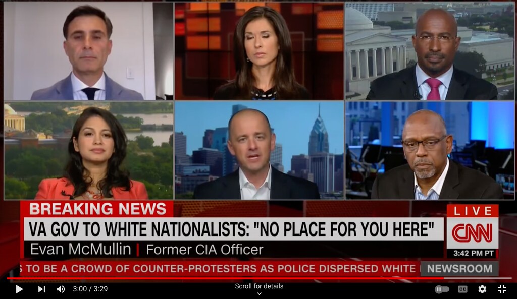 (Screenshot via YouTube) A screenshot of Evan McMullin discussing the deadly Charlottesville, Va., white supremacists rally in 2017. A clip of the CNN segment was used by Club for Growth Action, a Super PAC that supports Utah Sen. Mike Lee, to make it appear that McMullin attacked Republicans.