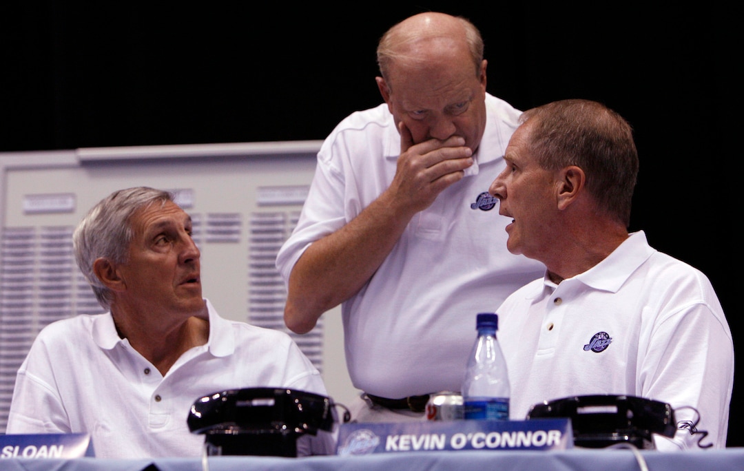 (Rick Egan  |  The Salt Lake Tribune) Utah Jazz coach Jerry Sloan, owner Larry H. Miller and Jazz Vice President of basketball operations Kevin O'Connor discuss their options in the final moments of the 2006 NBA draft.