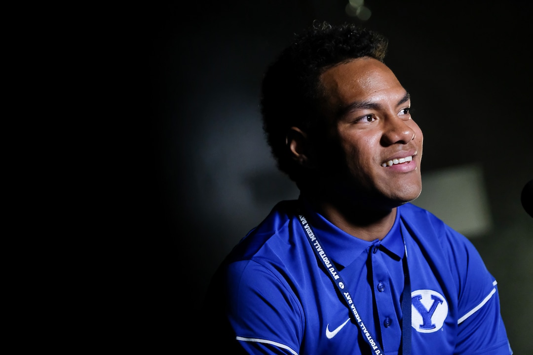 (Francisco Kjolseth  |  The Salt Lake Tribune)  Wide receiver Aleva Hifo runs through a round of interviews during BYU football media day at the BYU Broadcasting Building in Provo on Tuesday, June 18, 2019.