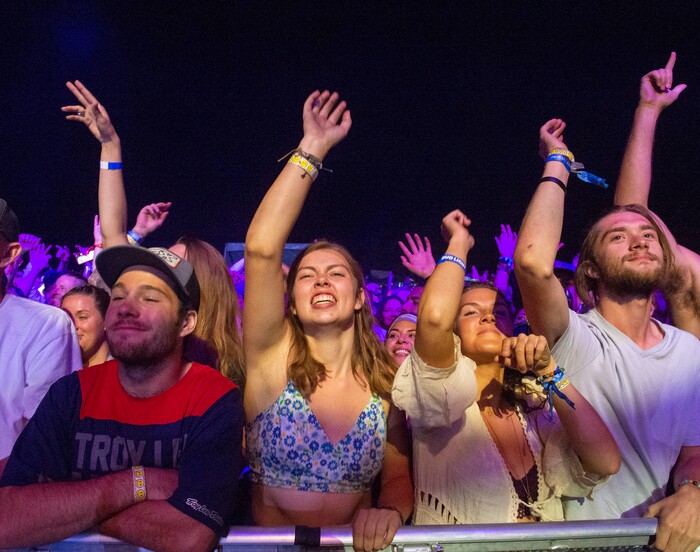 (Rick Egan  |  The Salt Lake Tribune)  Fans cheer as Rebelution plays at the Regge Rise Up Music Festival at the Rivers Edge near Heber City, Friday, Aug. 23, 2019.