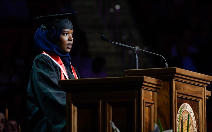 (Francisco Kjolseth  |  The Salt Lake Tribune)  Student speaker Hodan Abdi addresses her fellow graduates at the  University of Utah commencement ceremonies on Thursday, May 3, 2018, at the Jon M. Huntsman Center.