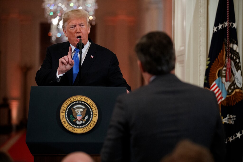 President Donald Trump speaks to CNN journalist Jim Acosta during a news conference in the East Room of the White House, Wednesday, Nov. 7, 2018, in Washington. (AP Photo/Evan Vucci)