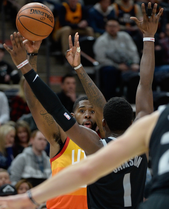 (Francisco Kjolseth  |  The Salt Lake Tribune)  Utah Jazz forward Royce O'Neale (23) looks for an open teammate against the Pistons in the first half of their NBA game at Vivint Smart Home Arena Monday, Jan. 14, 2019, in Salt Lake City.