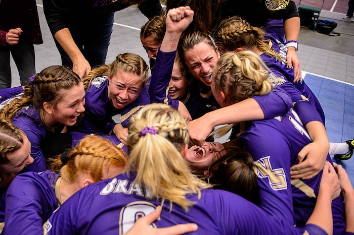 (Trent Nelson | The Salt Lake Tribune) North Summit players celebrate after defeating Enterprise in the 2A State Volleyball Championship game in Orem, Saturday October 28, 2017.