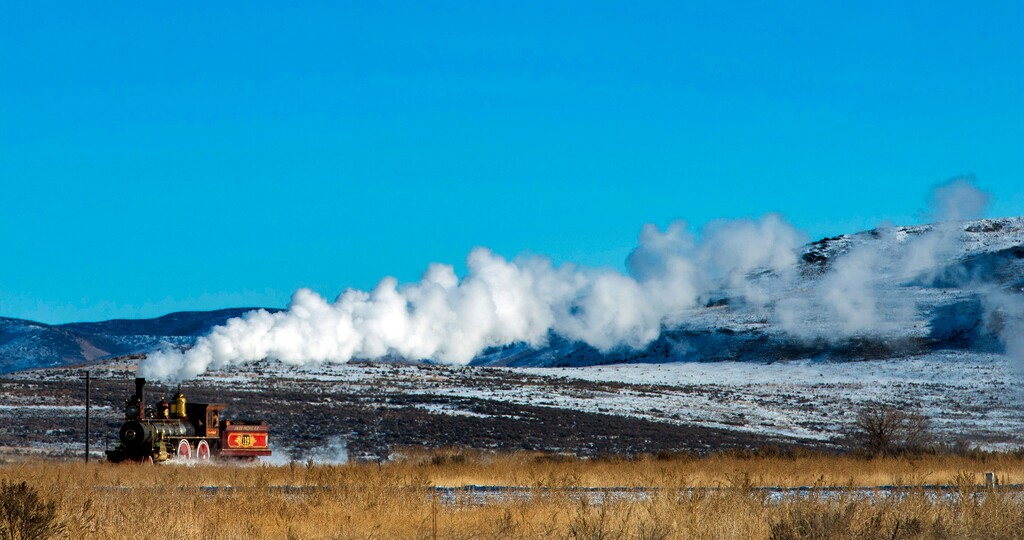 (Rick Egan | The Salt Lake Tribune) The 119 Steam Engine chugs down the track at the Golden Spike National Historical Park during one of the winter steam locomotive demonstrations, on Tuesday, Dec. 29, 2020.