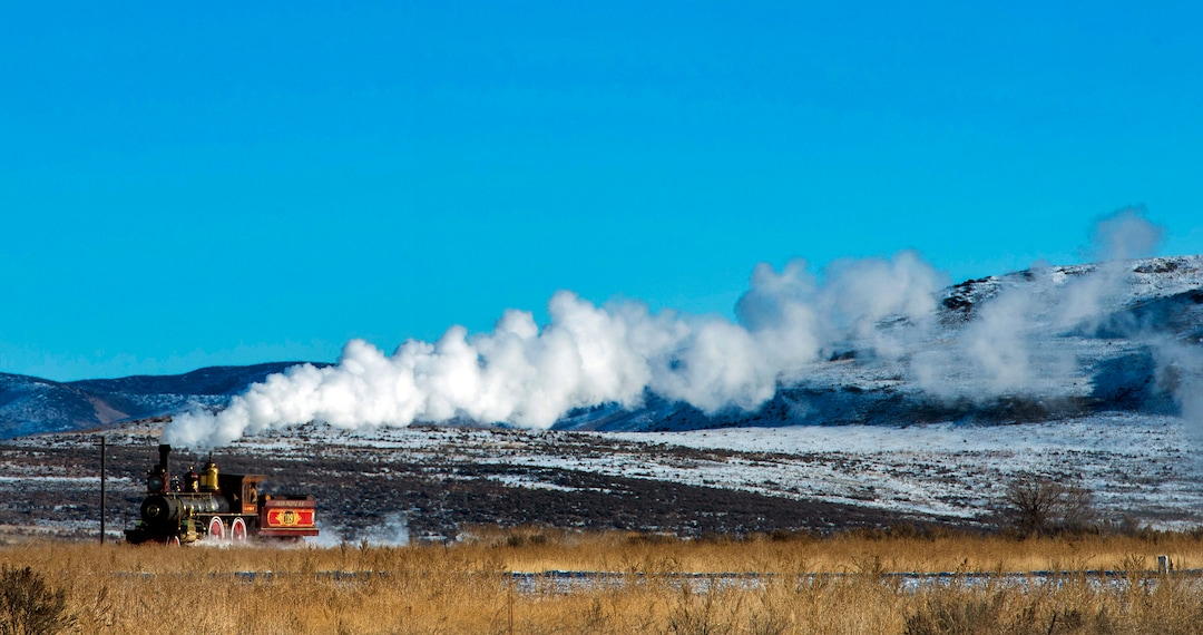 (Rick Egan | The Salt Lake Tribune) The 119 Steam Engine chugs down the track at the Golden Spike National Historical Park during one of the winter steam locomotive demonstrations, on Tuesday, Dec. 29, 2020.