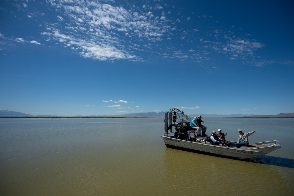 (Trent Nelson | The Salt Lake Tribune) At right, Tim Davis, Utah Department of Environmental Quality, briefs U.S. Sen. John Curtis and Environmental Protection Agency (EPA) Administrator Lee Zeldin during a tour of the Great Salt Lake on Saturday, May 23, 2026.