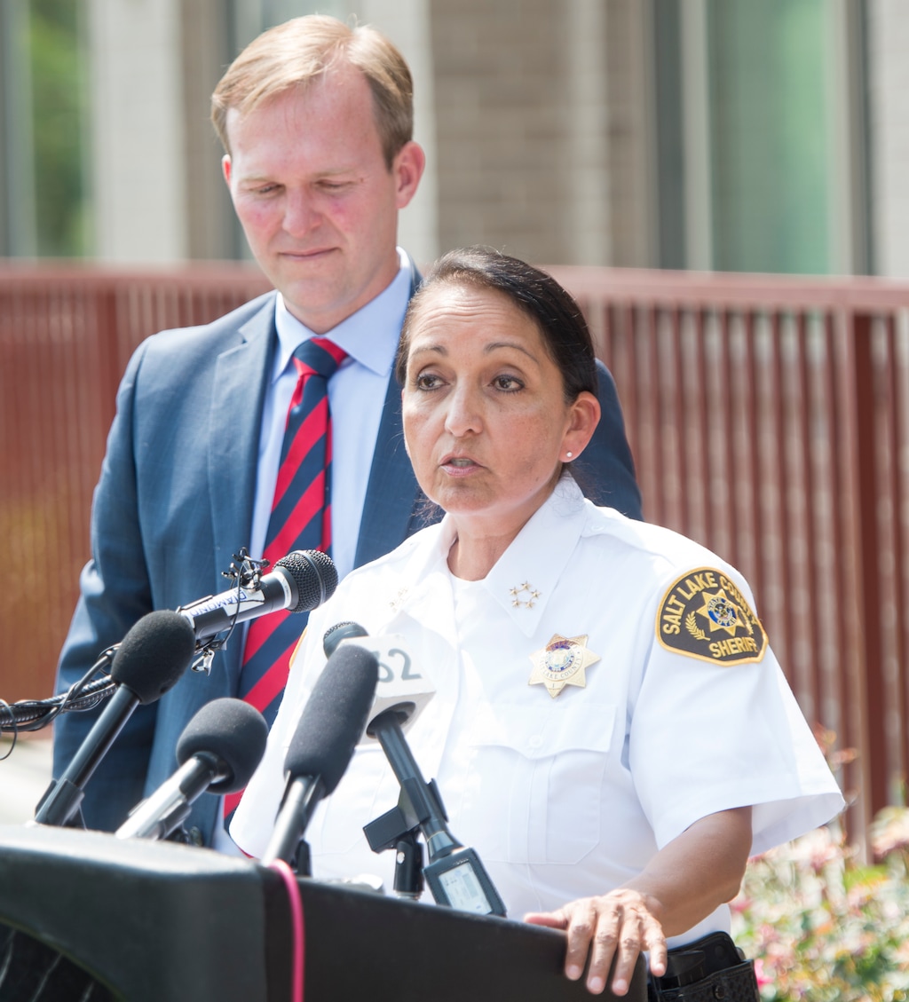 (Rick Egan  |  The Salt Lake Tribune)   Salt Lake County Sheriff Rosie Rivera speaks along with Mayor Ben McAdams, on the current efforts to move eligible Operation Rio Grande arrestees out of jail and into treatment, during a news conference at the First Step House, Thursday, September 7, 2017.