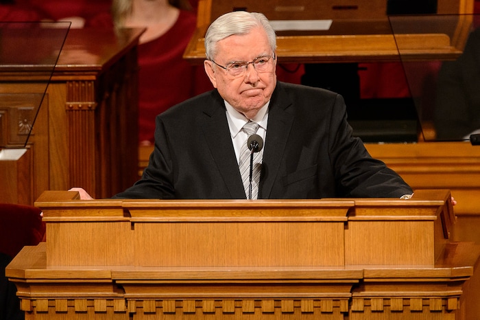 (Trent Nelson | Tribune file photo)  Elder M. Russell Ballard speaks at funeral services for Elder Robert D. Hales at the Salt Lake Tabernacle in Salt Lake City in 2017.