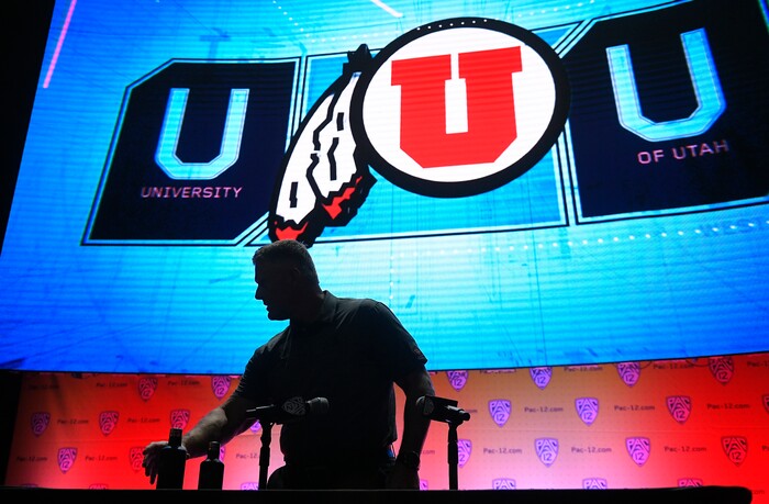 Utah head coach Kyle Whittingham gets ready to speak at the Pac-12 NCAA college football media day, Thursday, July 27, 2017, in the Hollywood section of Los Angeles. (AP Photo/Mark J. Terrill)