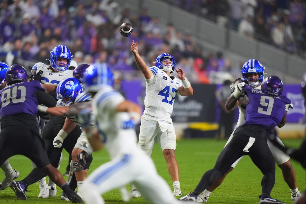 (LM Otero | AP Photo) BYU quarterback Bear Bachmeier (47) passes the ball during the second half of an NCAA college football game against TCU, Saturday, Oct. 3, 2026, in Fort Worth, Texas.